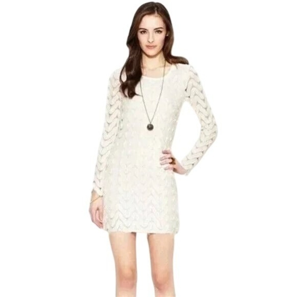 FREE PEOPLE Wild Thing Zig ZagCrochet Keyhole Mini Dress, White, Size XS